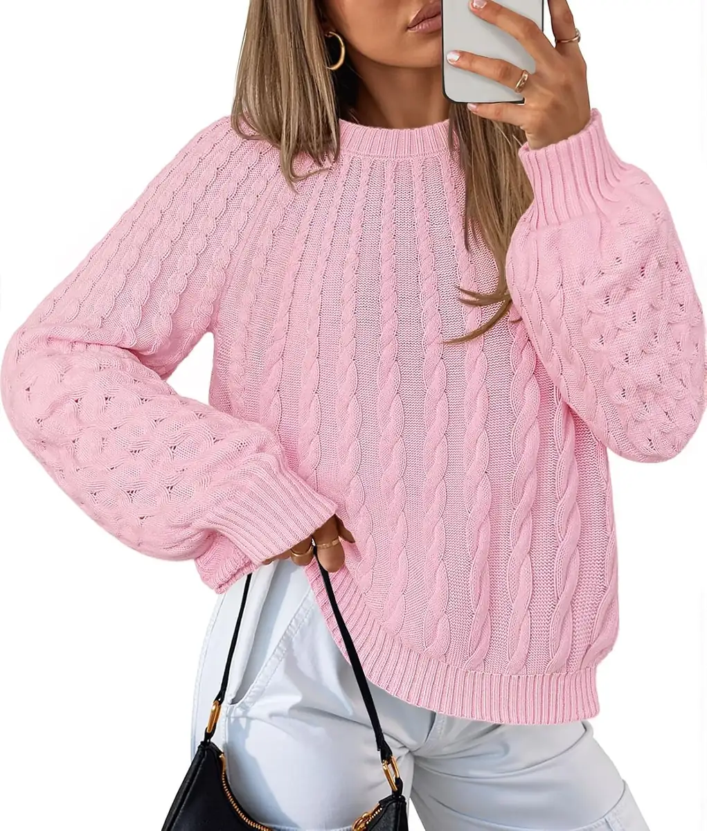 MEROKEETY Cable Knit Lantern Sleeve Sweater