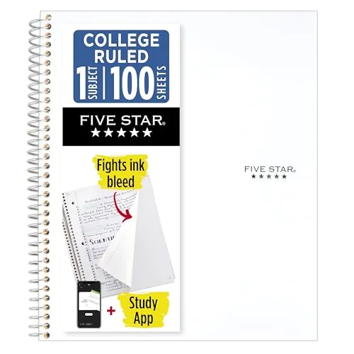 Five Star Spiral Notebook + Study App, 1 Subject, College Ruled, 100 Sheets