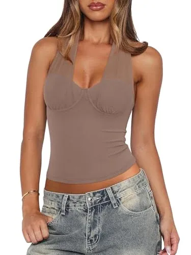 Mesh Halter Double Lined Deep V Neck Backless Cami