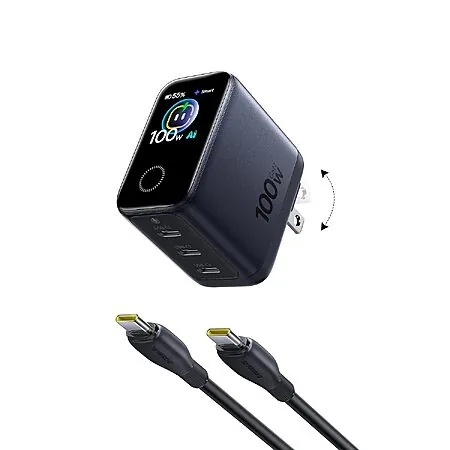 100W Baseus PicoGo Pro AH22 3-Port Smart Display USB-C Charger + 2x 3.3' Cables