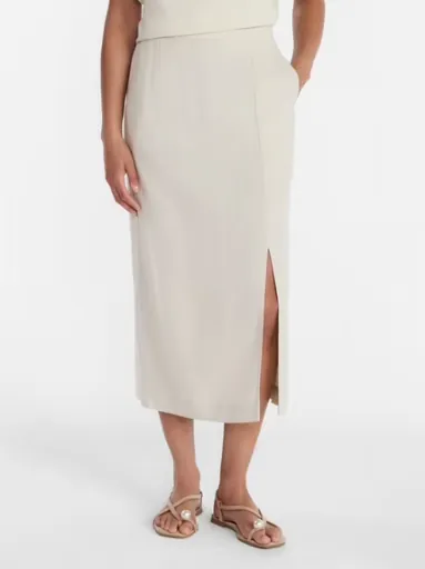 Time and Tru Women's Linen Blend Midi Skirt with Side Slit, Sizes XL-XXXL, Papyrus Beige