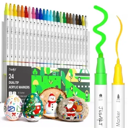 JusArt 24-Color White Barrel Dual Tip Acrylic Paint Pen Markers Set