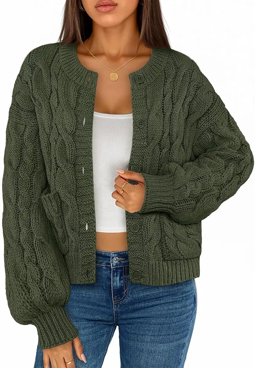 MEROKEETY Cable Knit Cardigan Sweater