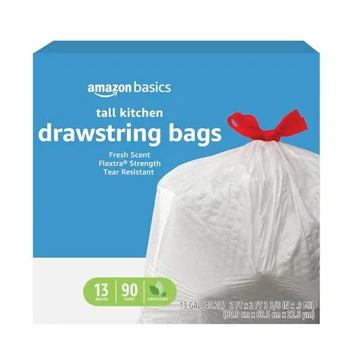 Amazon Basics 13 Gallon 90-120 Count Flex-Strength Tall Kitchen Drawstring Trash Bags