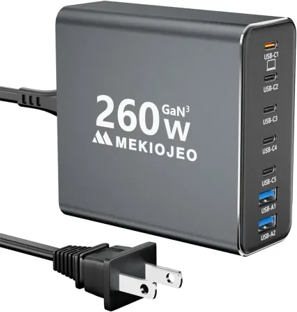 MEKIOJEO 260W 7-Port USB-C GaN 3 Aluminum Alloy Wall Charger