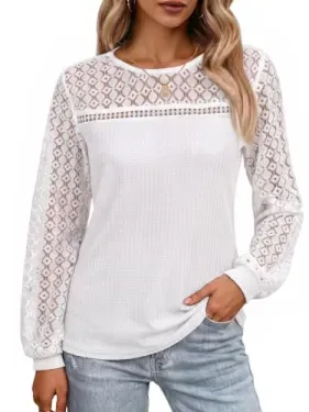 PINKMSTYLE Lightweight Waffle Knit Long Crochet Lace Sleeve Women's Shirt