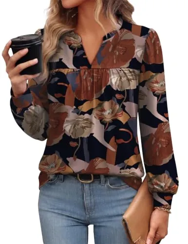 Ruffle V Neck Long Sleeve Blouses