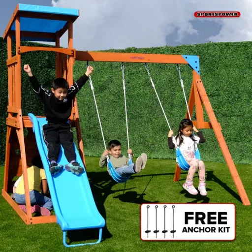 Sportspower Grand Teton Wooden Swing Set with 2 Swings, Play Fort, Sandbox & 6' Slide