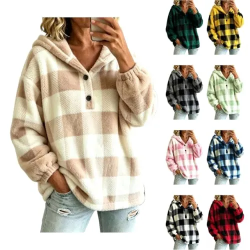 Fuzzy Plaid Button Collar Fleece Sweatshirt