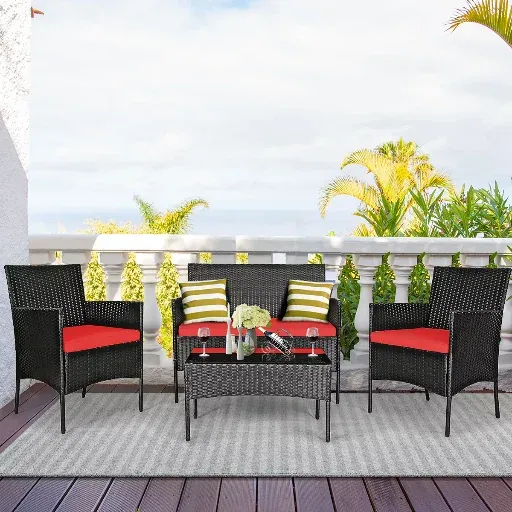 Costway 4-Piece Patio Rattan Furniture Set Cushioned Sofa Coffee Table