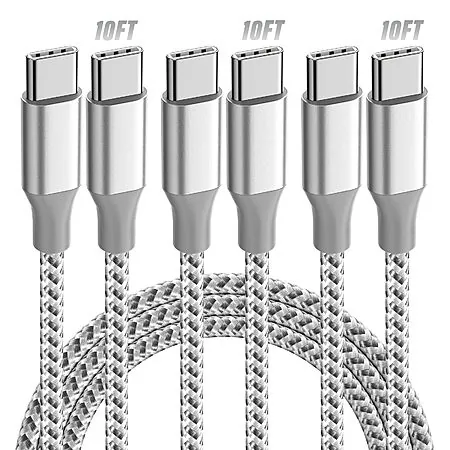 3-Pk 10' 60W KYEHD USB-C to USB-C Fast Charging Cable (Grey White)