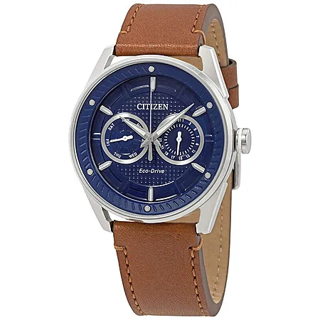 42mm Citizen Men's Eco-Drive Weekender Watch (Brown Leather Strap & Blue Dial)