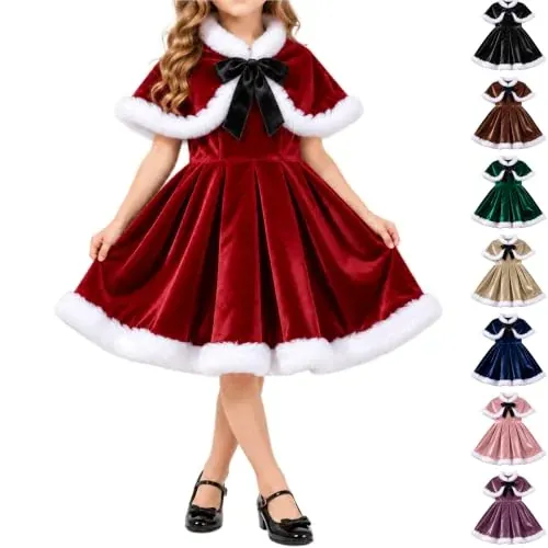 Christmas Velvet Santa Party Dress with Fur Trim Cape