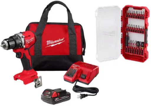 Milwaukee M18 18V Brushless Compact Drill/Driver Kit with 2.0 Ah Battery & 25-Piece Bit Set