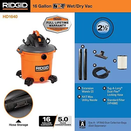 RIDGID 16-Gal 5.0 Peak HP NXT Wet/Dry Shop Vacuum Kit