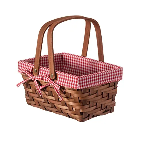 Wickerwise Small Rectangular Woodchip Picnic Baskets with Double Folding Handles, Natural Hand-Woven Basket Lined with Gingham Red and White Lining