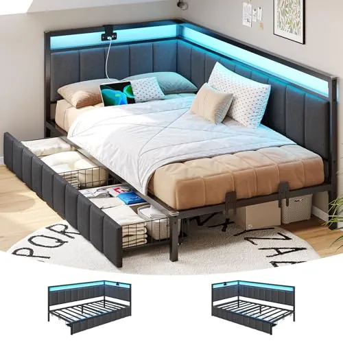 DICTAC Twin Corner Bed Frame with 2 Storage Drawers and Charging Station