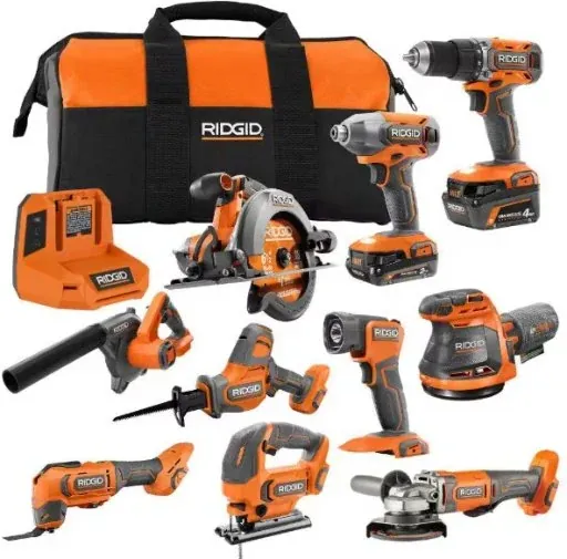 Ridgid 18-Volt Cordless 10-Tool Combo Kit with 2 Ah MAX Output Battery, 4 Ah MAX Output Battery