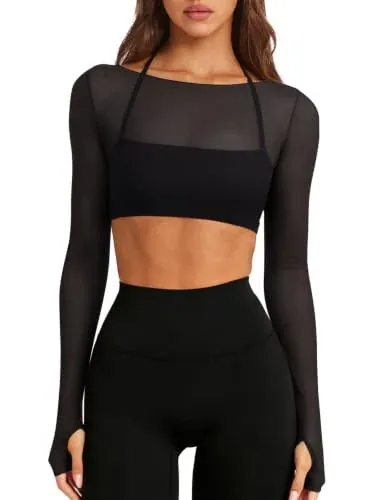 LASLULU Mesh Long Sleeve Double Lined Padded Crop Top