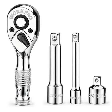 4-Pc WORKPRO 72-Tooth 3/8" Drive Quick-Release Stubby Ratchet & Extension Bar Set