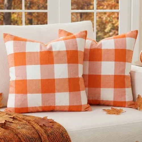 Burnt Orange Fall Buffalo Check Checkered Pillow Covers 18x18 Set of 2