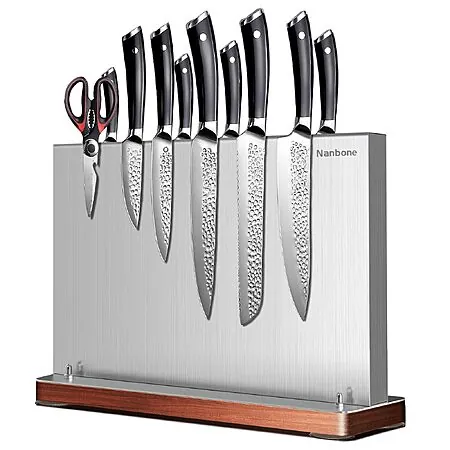 11.81 x 5.5 x 9" Nanbone Stainless Steel Magnetic Knife Holder w/ Wood Base