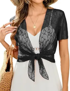 Totatuit Y2K Tie Front Sheer Bolero Shrug Women's Cardigan