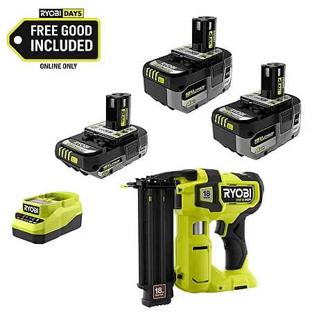 RYOBI ONE+ 18V HP Brushless Brad Nailer w/ 2x 4Ah Batteries, 2Ah Battery & Charger