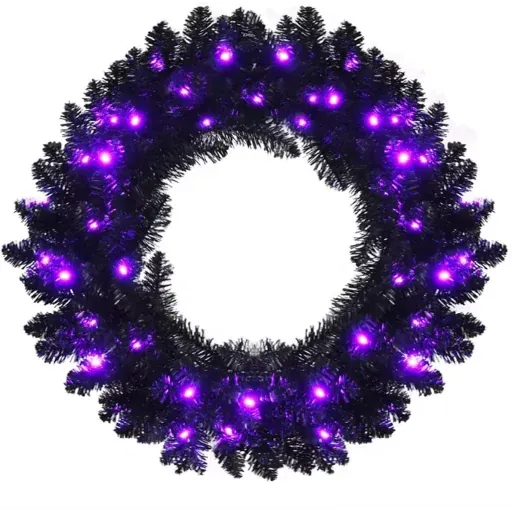 24-Inch Pre-Lit Halloween Wreath with 35 Purple LED Lights