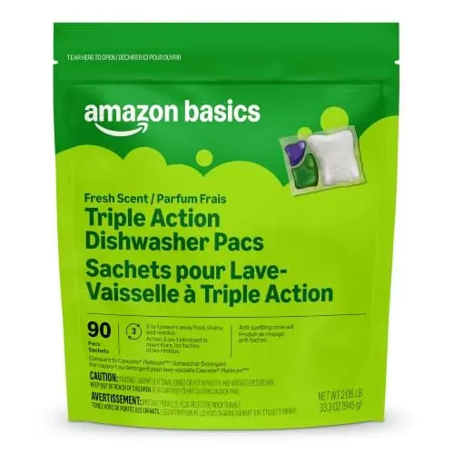 Amazon Basics Triple Action Dishwasher Pacs, Fresh Scent, 90 Count