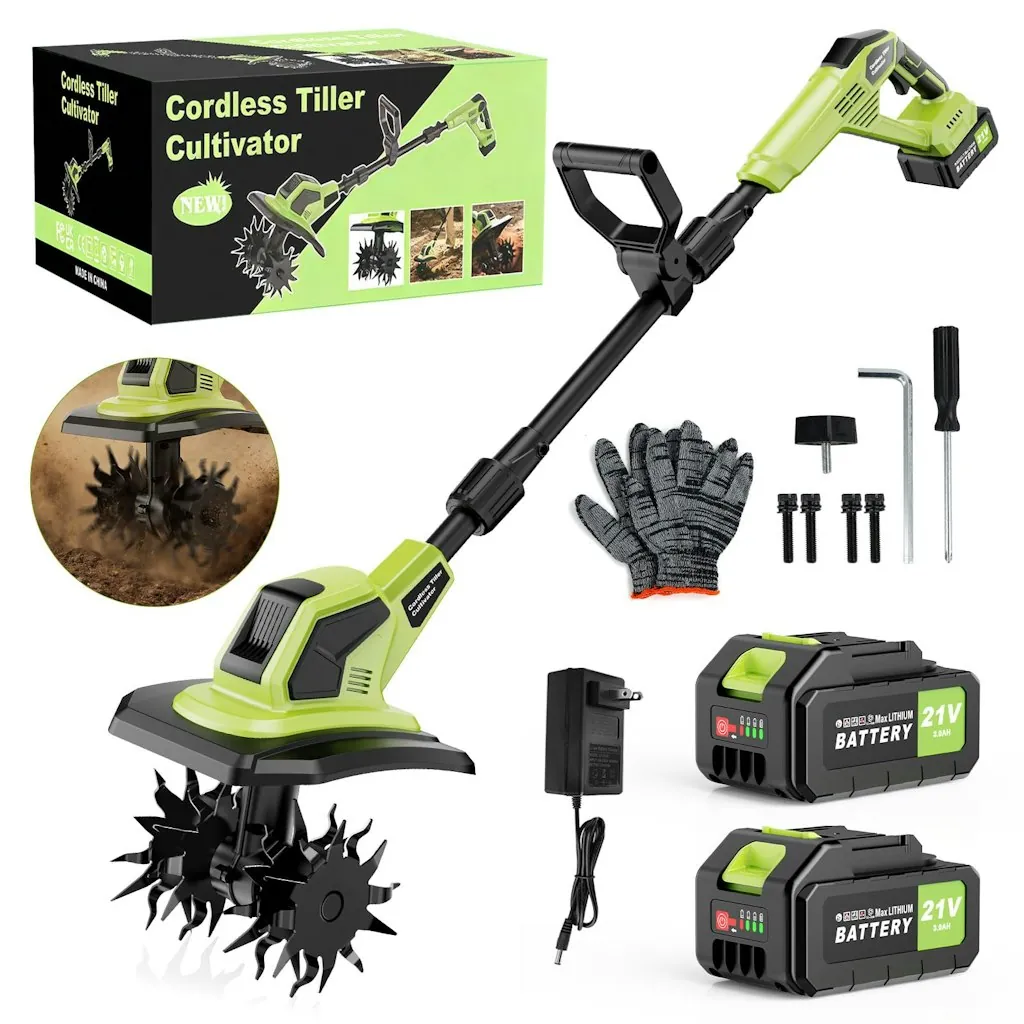 21V Cordless Tiller Cultivator w/ 2 Batteries
