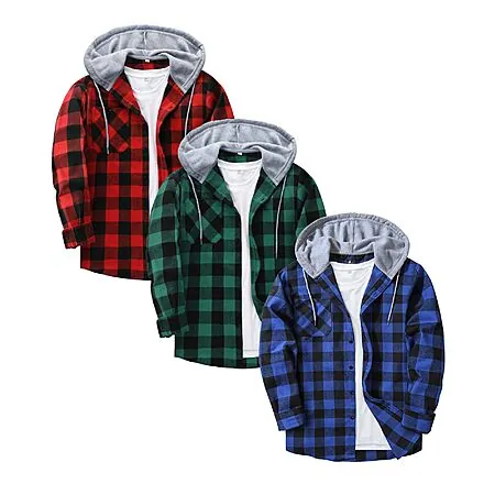 3-Pk ZITY Men's Long Sleeve Plaid Flannel Hoodie Shirts (Various)