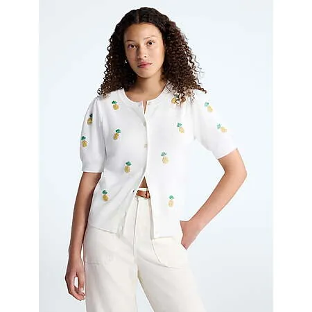Free Assembly Women's Lightweight Short Puffed Sleeve Beaded Cardigan (2 Colors)