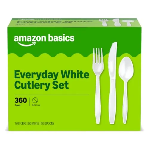 Amazon Basics Disposable Everyday White Assorted Cutlery Set 360-Count