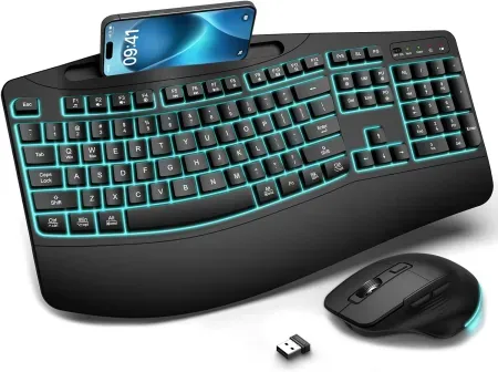 EDJO Wireless Ergonomic Keyboard & Mouse Combo w/ 7-Color Backlit Wave Keys & Wrist Rest