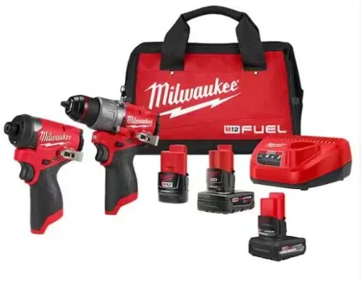 Milwaukee M12 FUEL Hammer Drill and Impact Driver Kit with 5 Ah, 4 Ah and 2 Ah Batteries & Bag (2-Tool)
