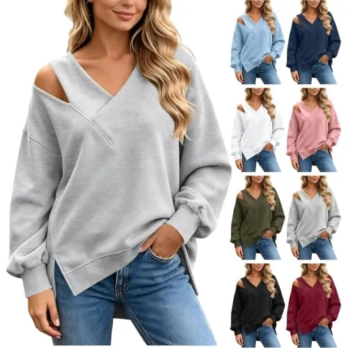 V Neck Cold Shoulder Pullover Sweatshirts