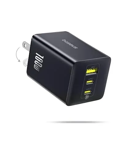 Baseus 100W 3-Port USB-C GaN Wall Charger Block (2x USB-C, 1x USB-A)