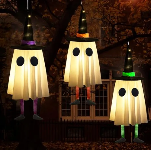 Spooky Ghost Halloween Decor with Witch Hat Set of 3