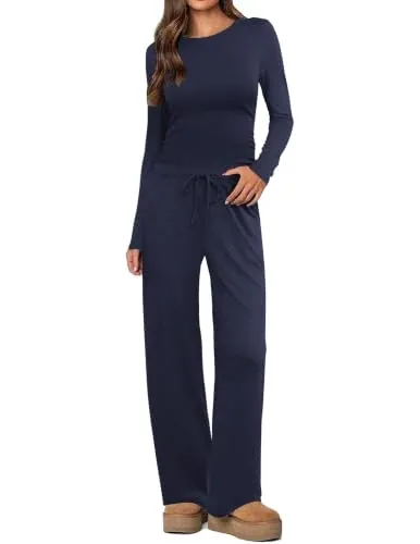 Ekouaer Women's 2 Piece Lounge Set with Ruched Top and Wide Leg Pants with Pockets