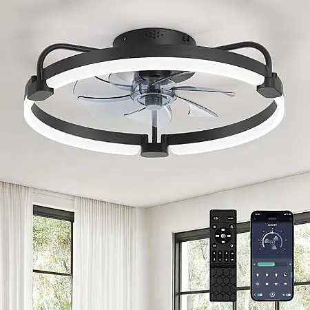 LEDIARY 20" Low Profile Black 6-Speed Ceiling Fan w/ LED Lights + Remote