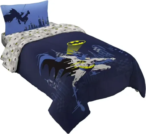 Batman Kids Blue Gray Reversible Comforter Bed in a Bag Full