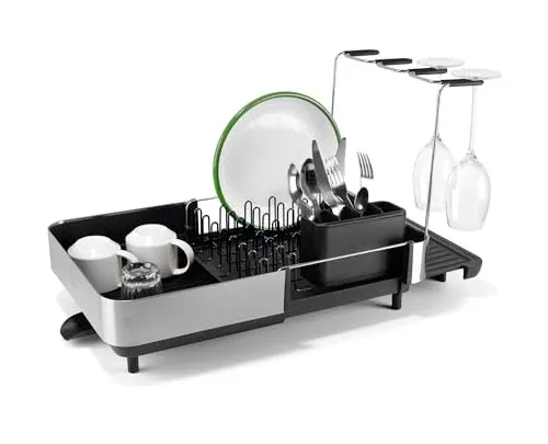 Joseph Joseph Extend Steel Plus Extendable Dish Rack Steel with Wine Glass Holder & Drain Spout, Black