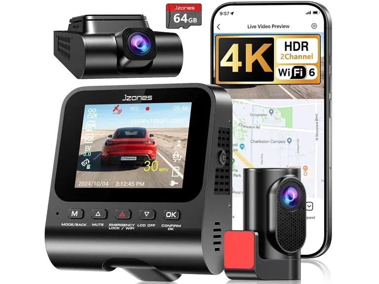 JZONES 4K Dash Cam Front & 1080p Rear w/ 170° Angle HDR Night Vision & 64GB Card