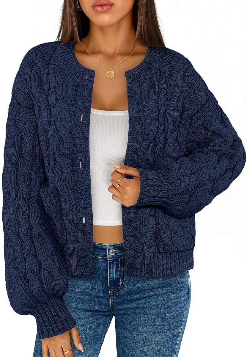 MEROKEETY Cable Knit Button Up Cardigan Sweater