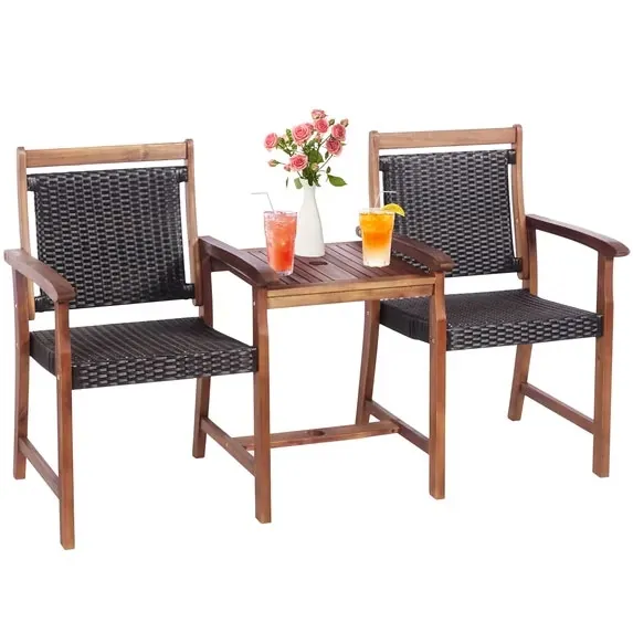 Costway 2-Seat Patio Rattan Bench w/ Acacia Wood Frame Table