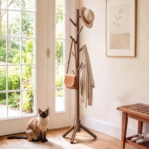 AMADA Solid Wooden Coat Rack Freestanding with 8 Hooks