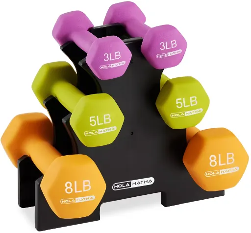 Holahatha 3, 5 and 8 lb Neoprene Dumbbell Strength Training Weight Set with Rack