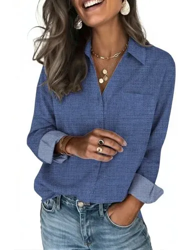 Zeagoo Womens Long Sleeve Dress Shirt Business Casual Blue Denim