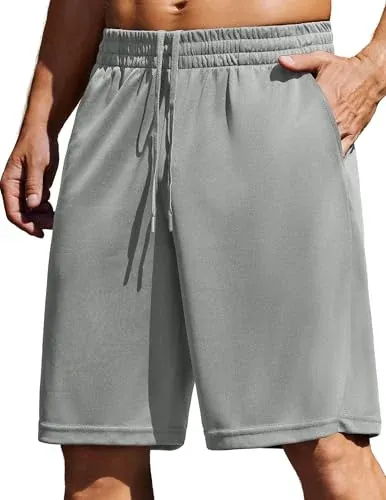 PINSPARK Mens Gym Basketball Shorts with Pockets - 10" Quick Dry Lightweight Mesh Athletic Shorts Light Gray M